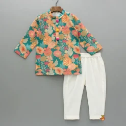 Discount Pom Poms Adorned Multicolour Kurta And Dual Pockets Detail Off White Pyjama BOY Indian Ethnic Wear | Ethnic Sets