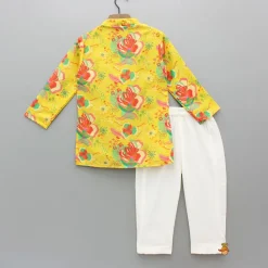 Hot Pom Poms Adorned Yellow Kurta And Pockets Detail Pyjama BOY Indian Ethnic Wear | Ethnic Sets