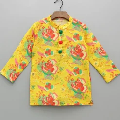 Hot Pom Poms Adorned Yellow Kurta And Pockets Detail Pyjama BOY Indian Ethnic Wear | Ethnic Sets