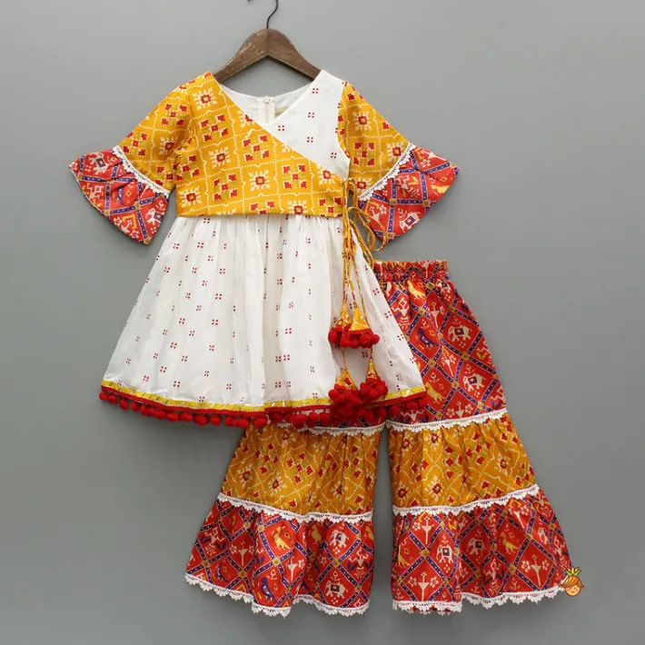 Online Pom-Pom Embellished Multicolour Printed Kurti With Tiered Sharara Ethnic Wear | Palazzos & Shararas