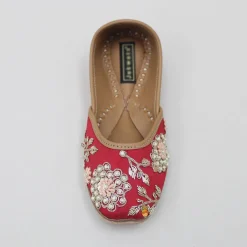 Hot Pretty Pearl And Zardozi Embroidered Red Jutti Shoes