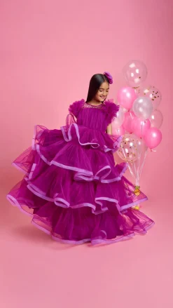 Best Pretty Purple Ruffled Layered Gown With Matching Hair Clip Dresses & Sets | Gowns