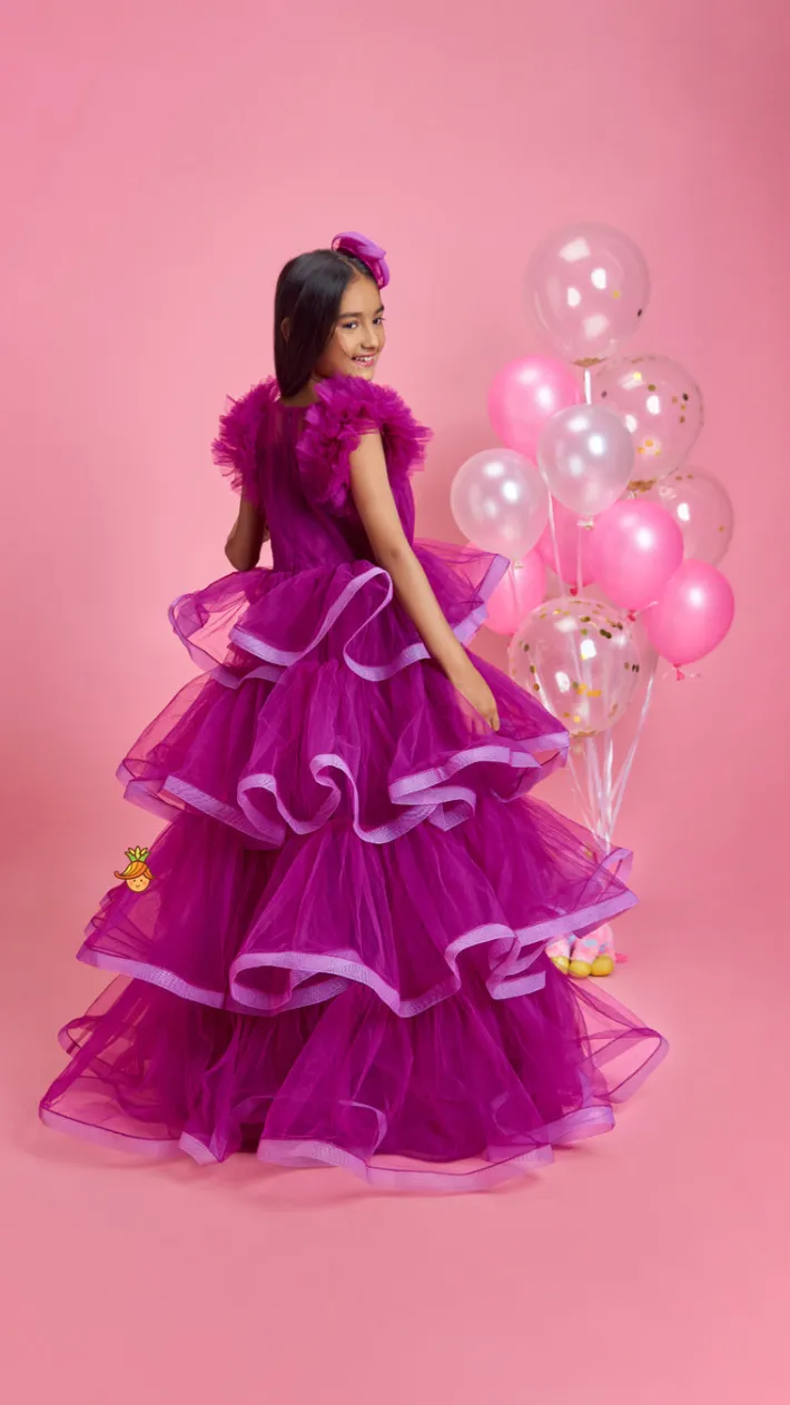 Best Pretty Purple Ruffled Layered Gown With Matching Hair Clip Dresses & Sets | Gowns