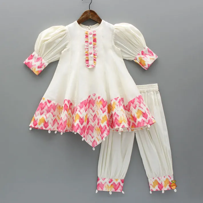 Discount Printed Asymmetrical Hem Kurti And Stylish Pant With Net Dupatta Ethnic Wear | Churidars & Salwars