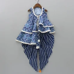 Hot Printed Blue Crop Top With High Low Jacket And Dhoti Ethnic Wear | Dhotis & Patialas