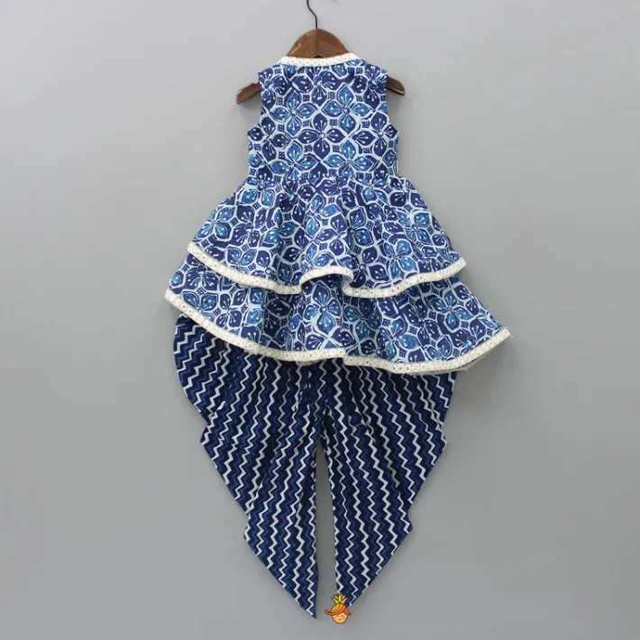 Hot Printed Blue Crop Top With High Low Jacket And Dhoti Ethnic Wear | Dhotis & Patialas