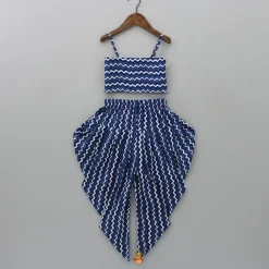 Hot Printed Blue Crop Top With High Low Jacket And Dhoti Ethnic Wear | Dhotis & Patialas