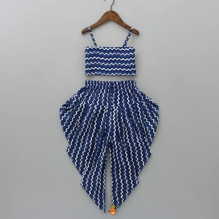 Hot Printed Blue Crop Top With High Low Jacket And Dhoti Ethnic Wear | Dhotis & Patialas
