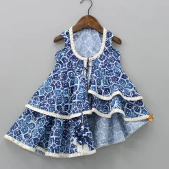 Hot Printed Blue Crop Top With High Low Jacket And Dhoti Ethnic Wear | Dhotis & Patialas