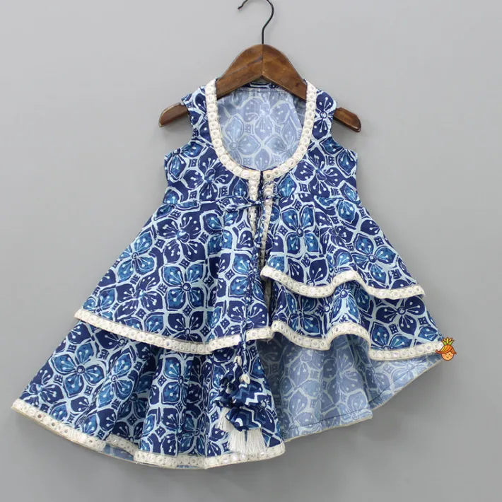 Hot Printed Blue Crop Top With High Low Jacket And Dhoti Ethnic Wear | Dhotis & Patialas