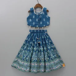 Discount Printed Blue Top And Lehenga With Net Dupatta And Matching Potli Ethnic Wear | Lehengas & Ghagras
