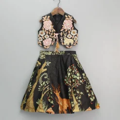 Outlet Printed Crop Top With Embroidered Jacket And Lehenga Ethnic Wear | Lehengas & Ghagras