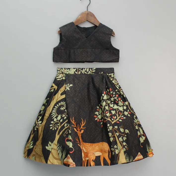 Outlet Printed Crop Top With Embroidered Jacket And Lehenga Ethnic Wear | Lehengas & Ghagras