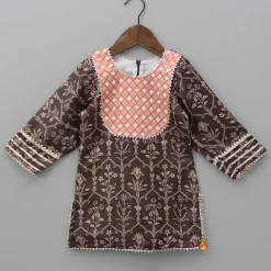 Fashion Printed Gota Lacework Detailing Brown Kurti And Sharara With Net Dupatta Ethnic Wear | Palazzos & Shararas
