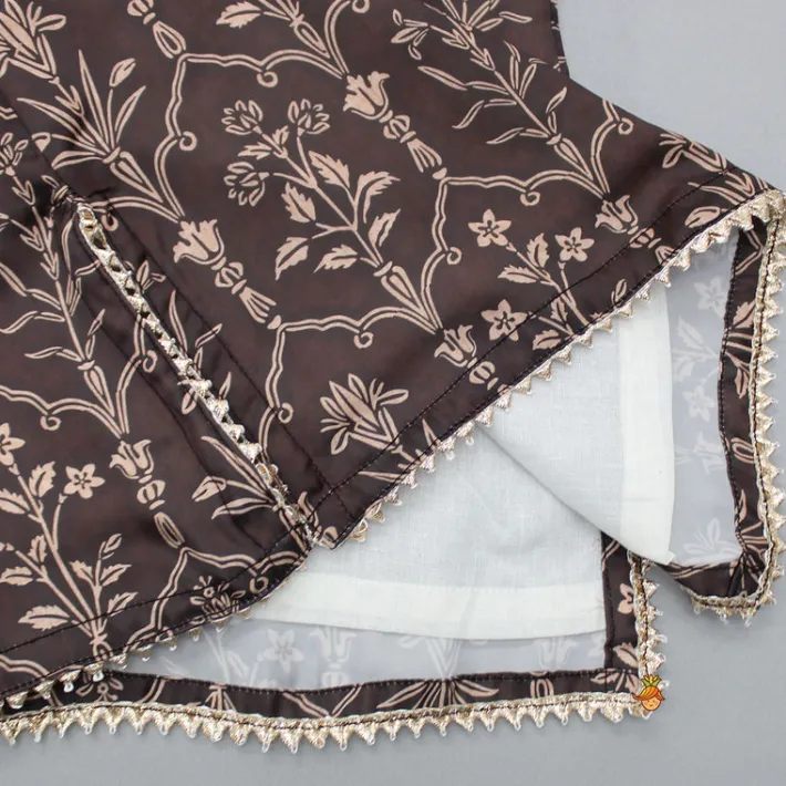 Fashion Printed Gota Lacework Detailing Brown Kurti And Sharara With Net Dupatta Ethnic Wear | Palazzos & Shararas