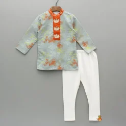 Fashion Printed Grey Embroidery Detailed Kurta With Pyjama BOY Indian Ethnic Wear | Ethnic Sets