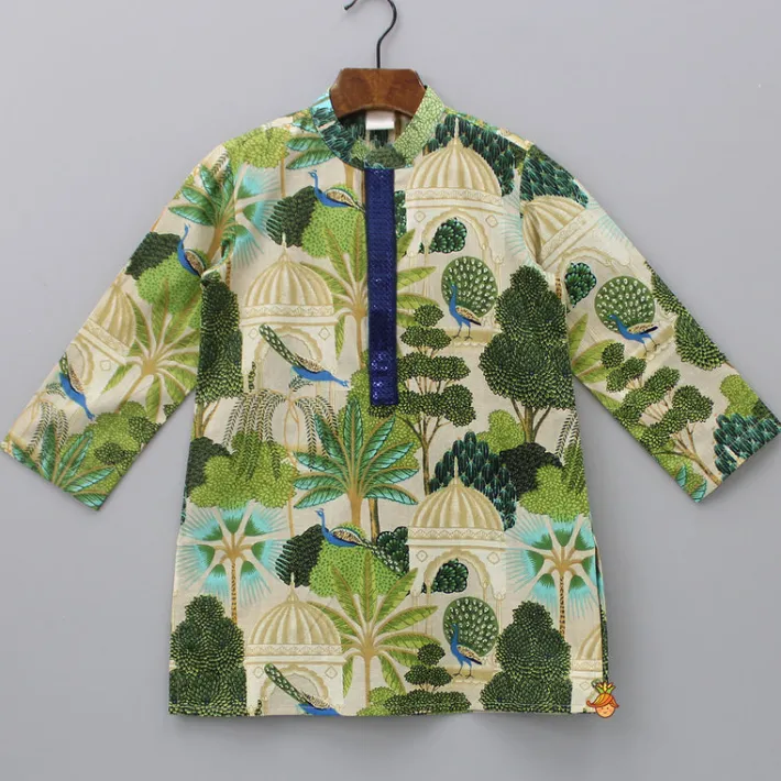 Clearance Printed Kurta With Sequins Embellished Panel And Blue Pyjama BOY Indian Ethnic Wear | Ethnic Sets