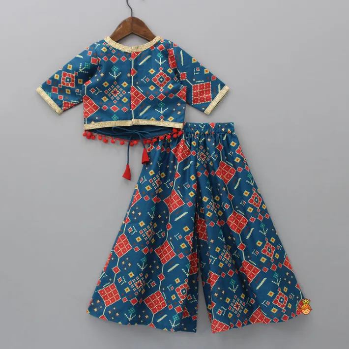 Online Printed Pom Poms Hem Top With Palazzo Ethnic Wear | Palazzos & Shararas