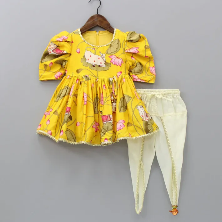 Hot Printed Puffed Sleeves Yellow Peplum Top With Tulip Pant Ethnic Wear | Dhotis & Patialas