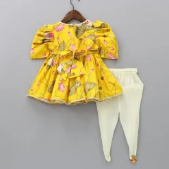 Hot Printed Puffed Sleeves Yellow Peplum Top With Tulip Pant Ethnic Wear | Dhotis & Patialas