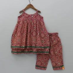 Outlet Printed Red Layered Tunic Top With Pant Twinning Sets | Ethnic Wear