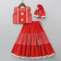 Online Printed Red Top And Lehenga With Net Dupatta Twinning Sets | Ethnic Wear