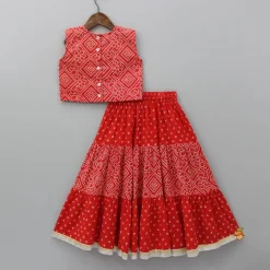 Online Printed Red Top And Lehenga With Net Dupatta Twinning Sets | Ethnic Wear