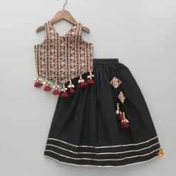 Discount Printed Sequin Embellished Halter Neck Top With Gota Work Lehenga Twinning Sets | Ethnic Wear