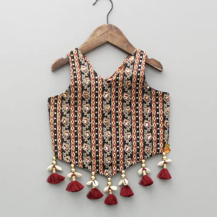 Discount Printed Sequin Embellished Halter Neck Top With Gota Work Lehenga Twinning Sets | Ethnic Wear