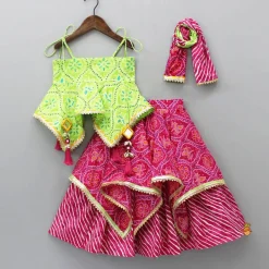 Fashion Printed Strappy Top And Layered Lehenga With Matching Dupatta Twinning Sets | Ethnic Wear