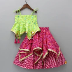 Fashion Printed Strappy Top And Layered Lehenga With Matching Dupatta Twinning Sets | Ethnic Wear