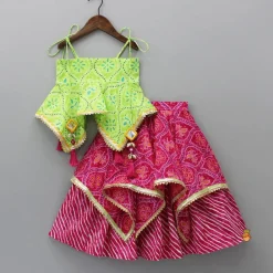 Fashion Printed Strappy Top And Layered Lehenga With Matching Dupatta Twinning Sets | Ethnic Wear