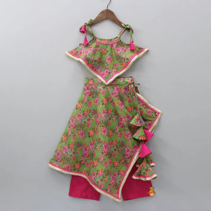 Clearance Printed Strappy Top With Inner And Wrap Style Skirt With Pant Ethnic Wear | Churidars & Salwars