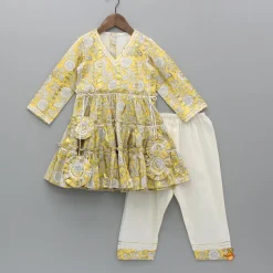 Outlet Printed Yellow Tiered Kurti And Pant Twinning Sets | Ethnic Wear
