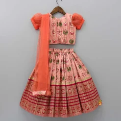 Hot Puff Sleeves Peach Embroidered Drape Top And Pleated Lehenga Ethnic Wear | Lehengas & Ghagras