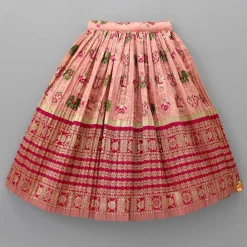 Hot Puff Sleeves Peach Embroidered Drape Top And Pleated Lehenga Ethnic Wear | Lehengas & Ghagras