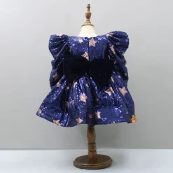 Discount Puffed Sleeves Sequined Blue Dress With Head Band Dresses & Sets | Dresses