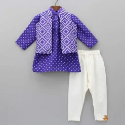 Sale Purple Bandhani Printed Open Jacket And Kurta With Churidar BOY Indian Ethnic Wear | Ethnic Sets