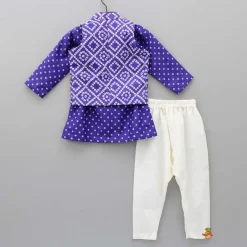 Sale Purple Bandhani Printed Open Jacket And Kurta With Churidar BOY Indian Ethnic Wear | Ethnic Sets