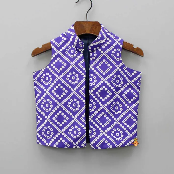 Sale Purple Bandhani Printed Open Jacket And Kurta With Churidar BOY Indian Ethnic Wear | Ethnic Sets