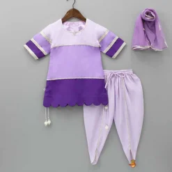Online Purple Colour Blocked Lace Work Kurti With Dhoti And Net Dupatta Ethnic Wear | Dhotis & Patialas