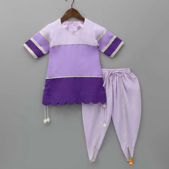 Online Purple Colour Blocked Lace Work Kurti With Dhoti And Net Dupatta Ethnic Wear | Dhotis & Patialas