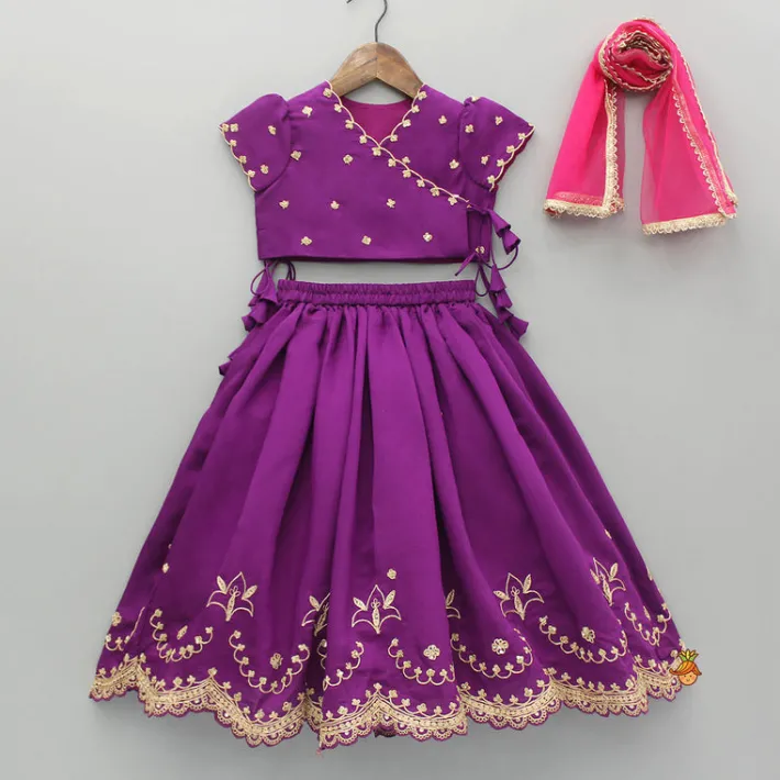 Discount Purple Embroidered Front Overlap Top With Lehenga And Dupatta Ethnic Wear | Lehengas & Ghagras