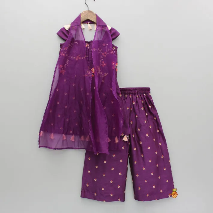 Outlet Purple Embroidered Kurti With Palazzo And Dupatta Ethnic Wear | Palazzos & Shararas