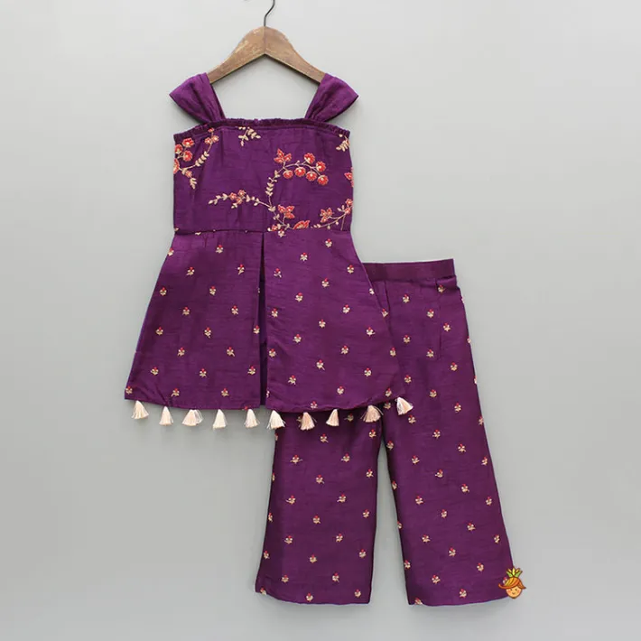 Outlet Purple Embroidered Kurti With Palazzo And Dupatta Ethnic Wear | Palazzos & Shararas