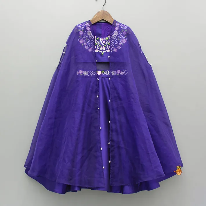 Best Purple Embroidered Top And Lehenga With Long Embellished Cape Ethnic Wear | Lehengas & Ghagras