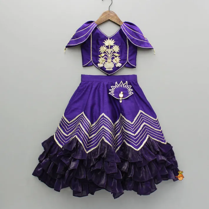 Best Purple Embroidered Top And Lehenga With Attached Pouch And Dupatta Ethnic Wear | Lehengas & Ghagras