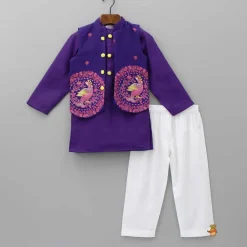 Clearance Purple Ethnic Kurta With Printed Open Jacket And White Pyjama BOY Indian Ethnic Wear | Ethnic Sets