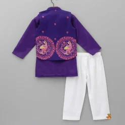 Clearance Purple Ethnic Kurta With Printed Open Jacket And White Pyjama BOY Indian Ethnic Wear | Ethnic Sets