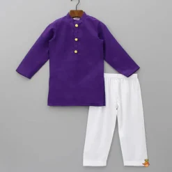 Clearance Purple Ethnic Kurta With Printed Open Jacket And White Pyjama BOY Indian Ethnic Wear | Ethnic Sets